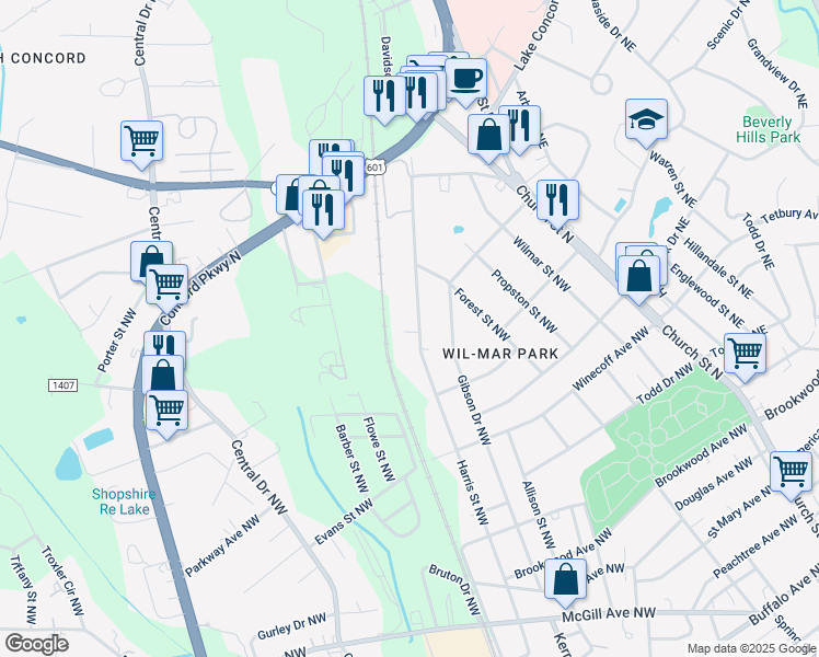 map of restaurants, bars, coffee shops, grocery stores, and more near 733 Harris Street Northwest in Concord