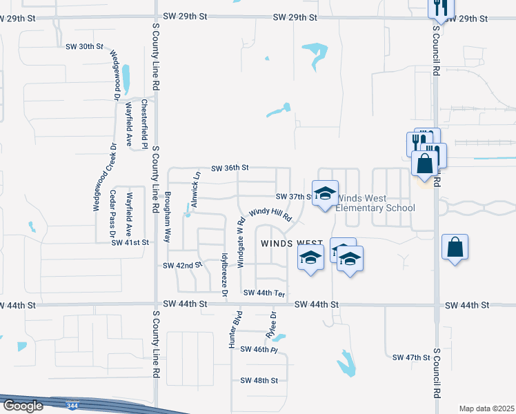 map of restaurants, bars, coffee shops, grocery stores, and more near 8517 Windy Hill Road in Oklahoma City
