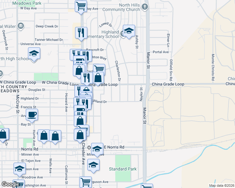 map of restaurants, bars, coffee shops, grocery stores, and more near 2112 Watson Street in Bakersfield