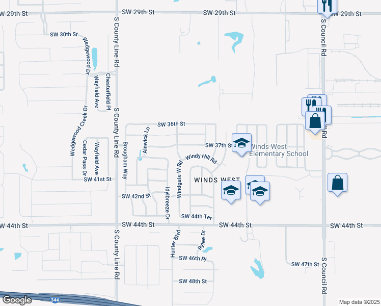 map of restaurants, bars, coffee shops, grocery stores, and more near 8517 Windy Hill Road in Oklahoma City
