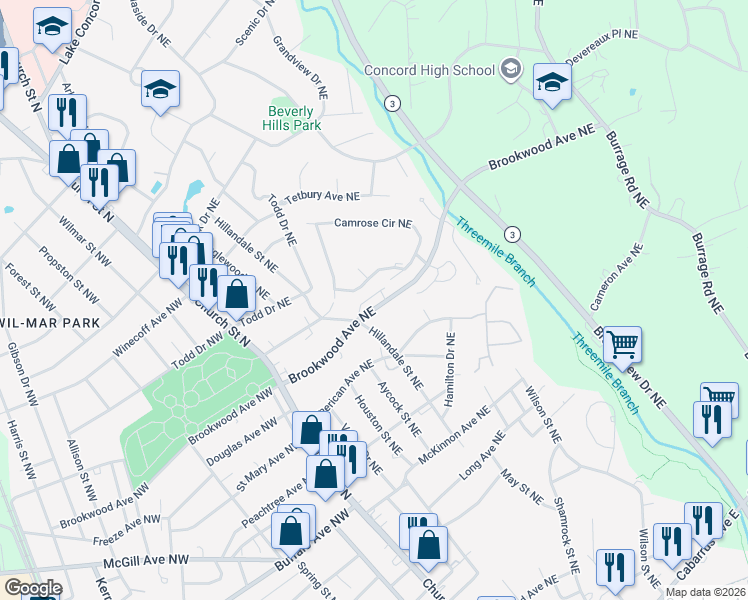 map of restaurants, bars, coffee shops, grocery stores, and more near 157 Brookwood Avenue Northeast in Concord