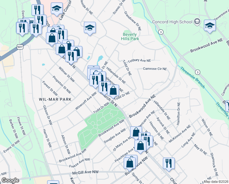 map of restaurants, bars, coffee shops, grocery stores, and more near 536 Hyde Park Drive Northeast in Concord