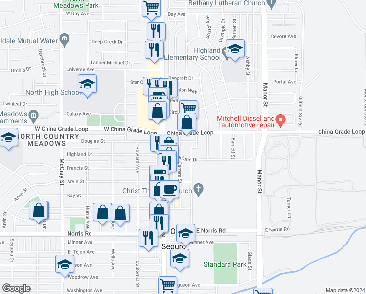 map of restaurants, bars, coffee shops, grocery stores, and more near 2109 Bedford Way in Bakersfield