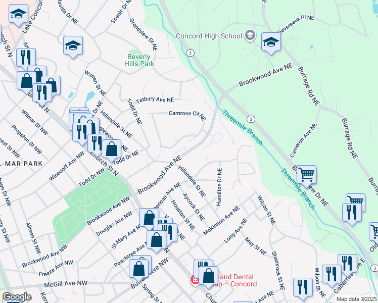 map of restaurants, bars, coffee shops, grocery stores, and more near 151 Brookwood Avenue Northeast in Concord