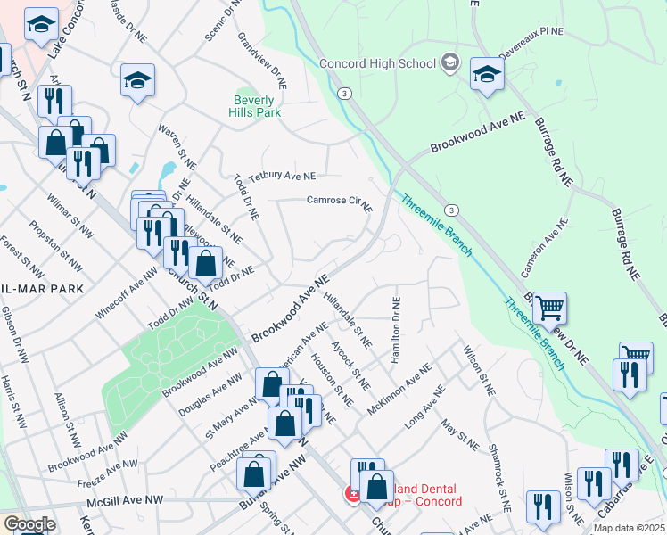 map of restaurants, bars, coffee shops, grocery stores, and more near 151 Brookwood Avenue Northeast in Concord