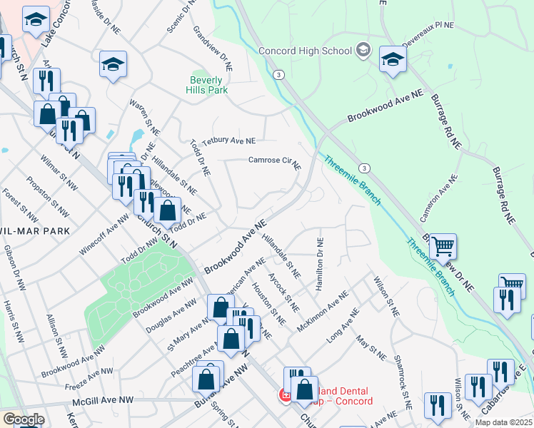 map of restaurants, bars, coffee shops, grocery stores, and more near 151 Brookwood Avenue Northeast in Concord