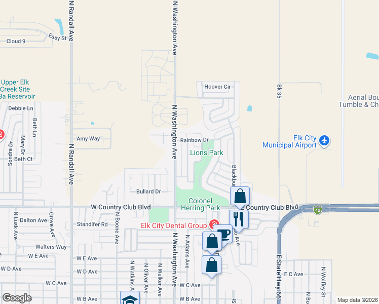 map of restaurants, bars, coffee shops, grocery stores, and more near 77 Sunset Circle in Elk City