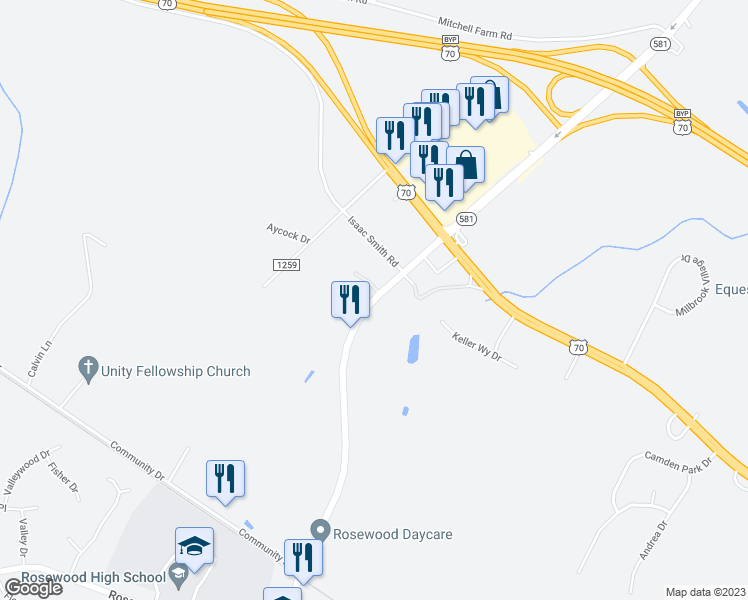 map of restaurants, bars, coffee shops, grocery stores, and more near 204 Highway 581 in Goldsboro