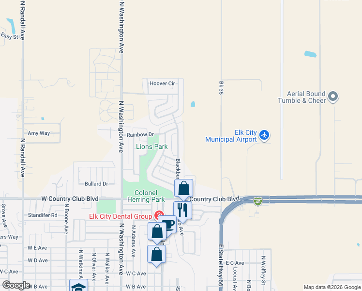 map of restaurants, bars, coffee shops, grocery stores, and more near 150 Blackburn Boulevard in Elk City