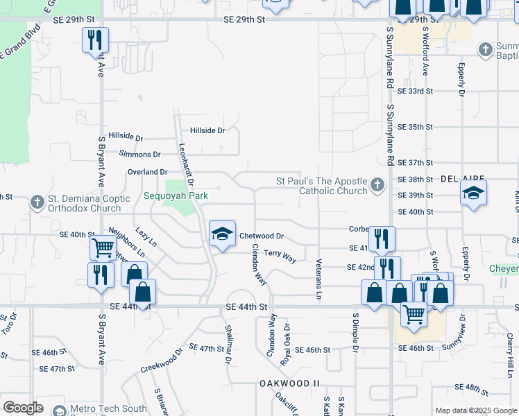 map of restaurants, bars, coffee shops, grocery stores, and more near 3700 Frostwood Terrace in Del City