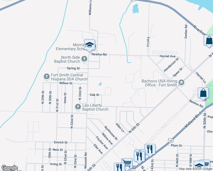 map of restaurants, bars, coffee shops, grocery stores, and more near 3601 Willow Street in Fort Smith