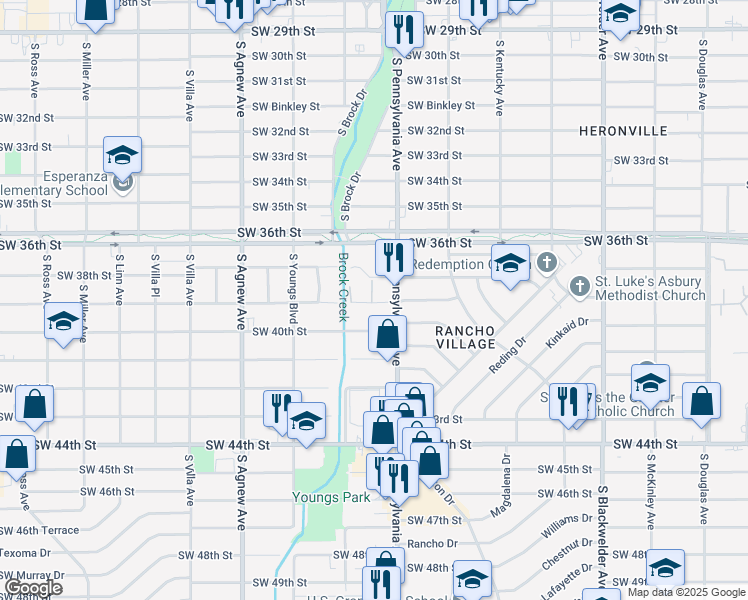 map of restaurants, bars, coffee shops, grocery stores, and more near 2149 Southwest 39th Street in Oklahoma City