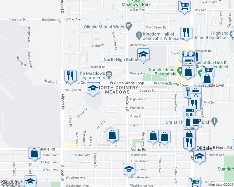 map of restaurants, bars, coffee shops, grocery stores, and more near 517 Douglas Street in Bakersfield