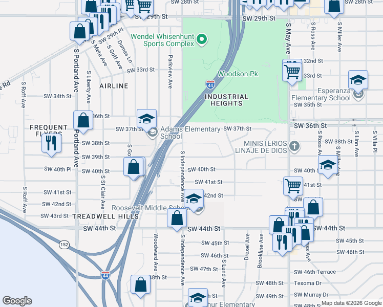 map of restaurants, bars, coffee shops, grocery stores, and more near 3220 Southwest 39th Street in Oklahoma City