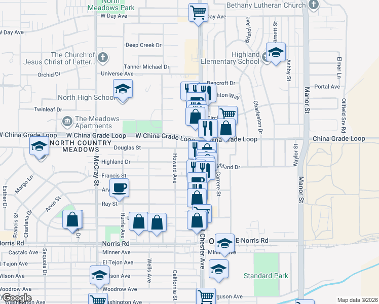 map of restaurants, bars, coffee shops, grocery stores, and more near 123 Douglas Street in Bakersfield