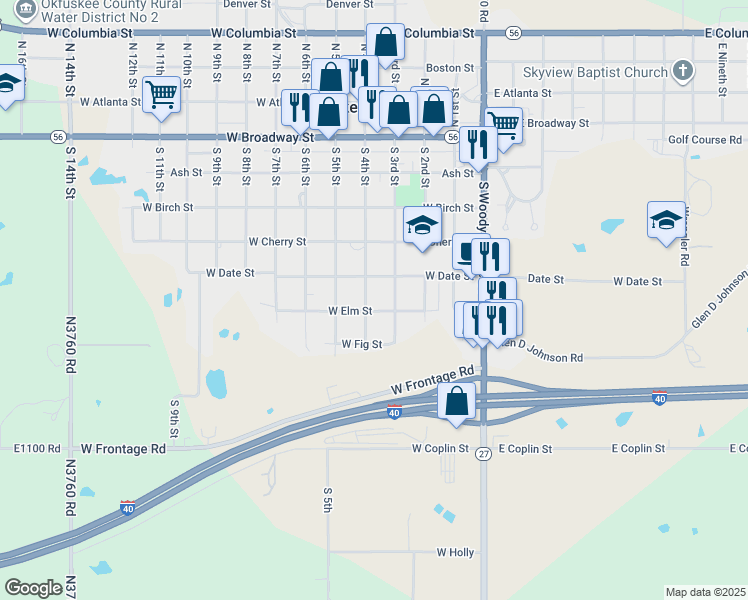 map of restaurants, bars, coffee shops, grocery stores, and more near 522 South 4th Street in Okemah