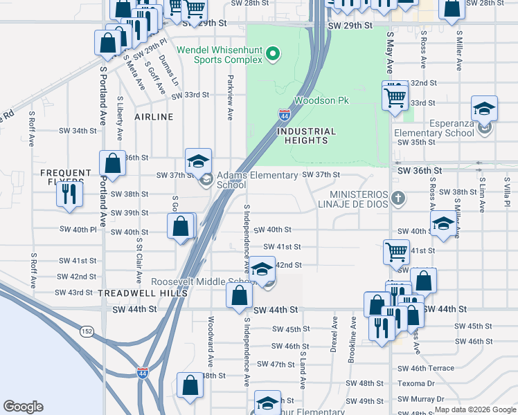 map of restaurants, bars, coffee shops, grocery stores, and more near 3220 Southwest 39th Street in Oklahoma City