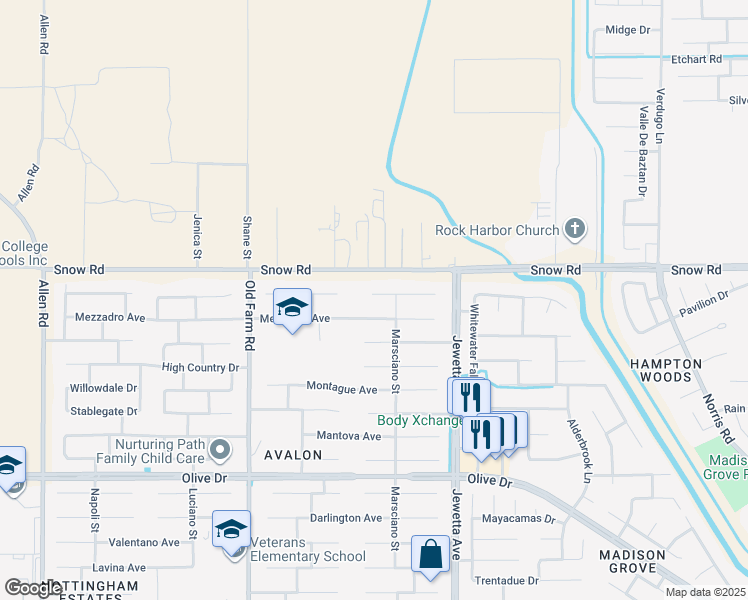 map of restaurants, bars, coffee shops, grocery stores, and more near 11603 Bocelli Avenue in Bakersfield