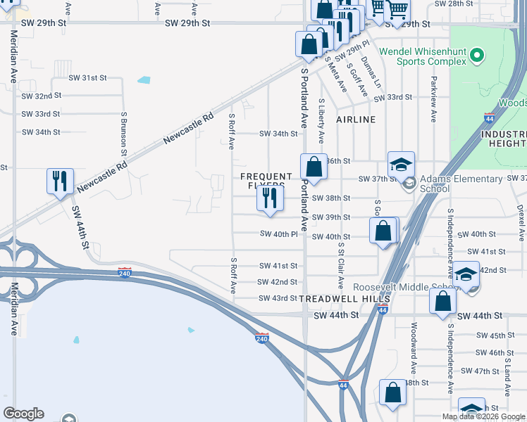 map of restaurants, bars, coffee shops, grocery stores, and more near 3744 Southwest 39th Street in Oklahoma City