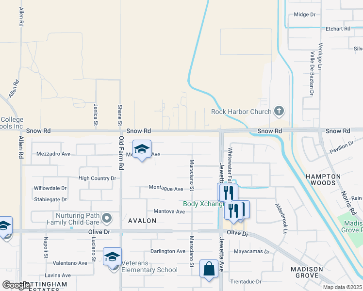 map of restaurants, bars, coffee shops, grocery stores, and more near 11603 Bocelli Avenue in Bakersfield