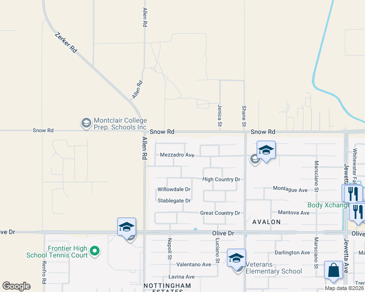 map of restaurants, bars, coffee shops, grocery stores, and more near 12602 Mezzadro Avenue in Bakersfield