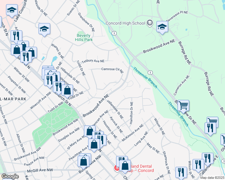 map of restaurants, bars, coffee shops, grocery stores, and more near 151 Brookwood Avenue Northeast in Concord