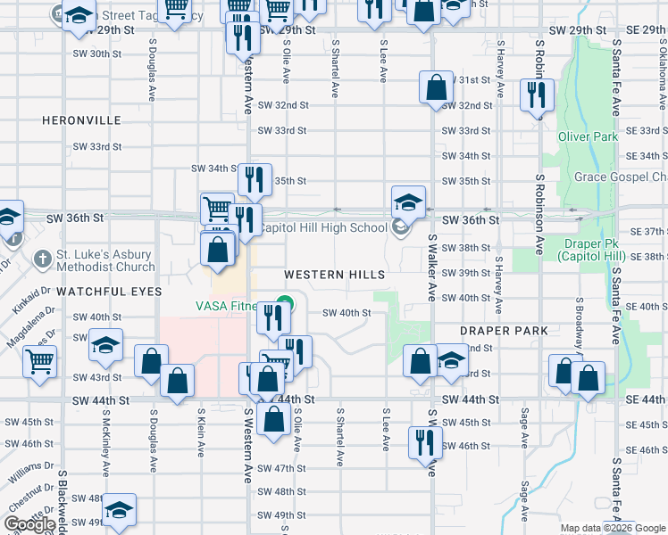 map of restaurants, bars, coffee shops, grocery stores, and more near in Oklahoma City