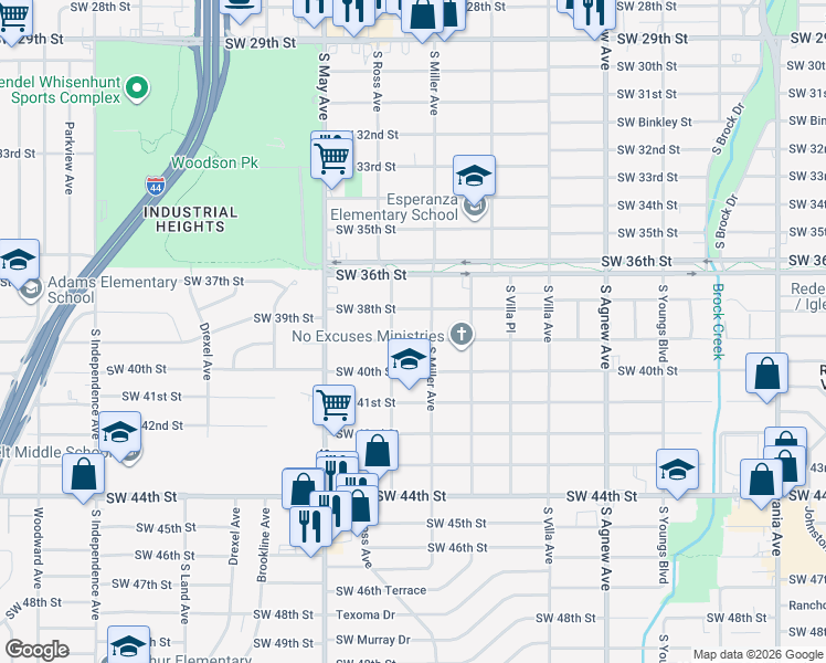 map of restaurants, bars, coffee shops, grocery stores, and more near 2700 Southwest 39th Street in Oklahoma City