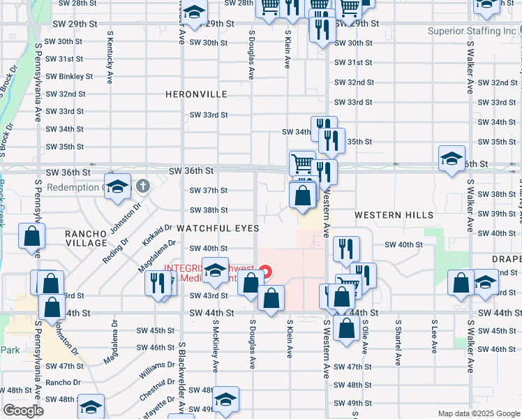 map of restaurants, bars, coffee shops, grocery stores, and more near 1031 Southwest 38th Street in Oklahoma City