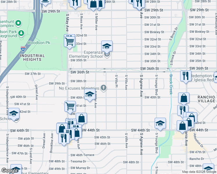 map of restaurants, bars, coffee shops, grocery stores, and more near 2632 Southwest 39th Street in Oklahoma City