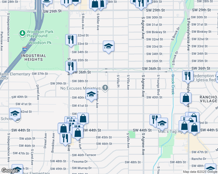 map of restaurants, bars, coffee shops, grocery stores, and more near 2632 Southwest 39th Street in Oklahoma City