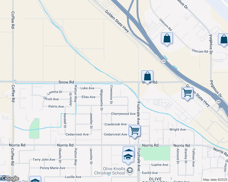 map of restaurants, bars, coffee shops, grocery stores, and more near 6704 Audene Way in Bakersfield