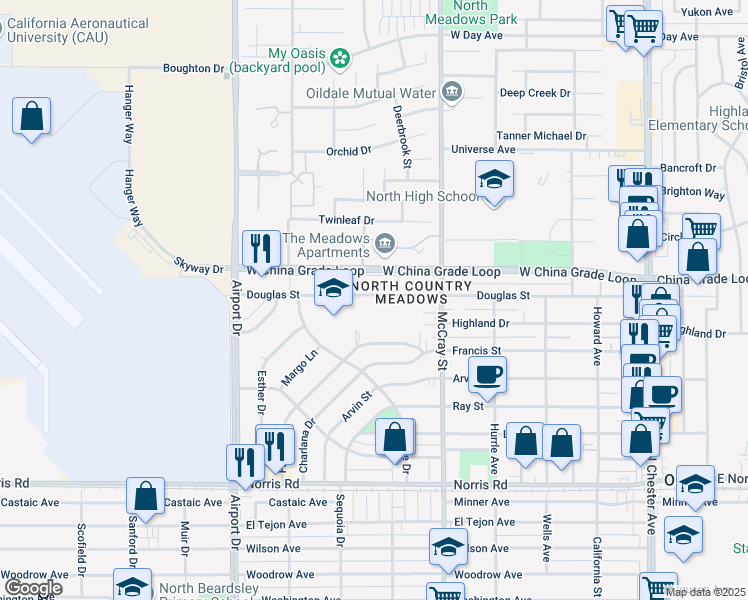 map of restaurants, bars, coffee shops, grocery stores, and more near 601 Douglas Street in Bakersfield