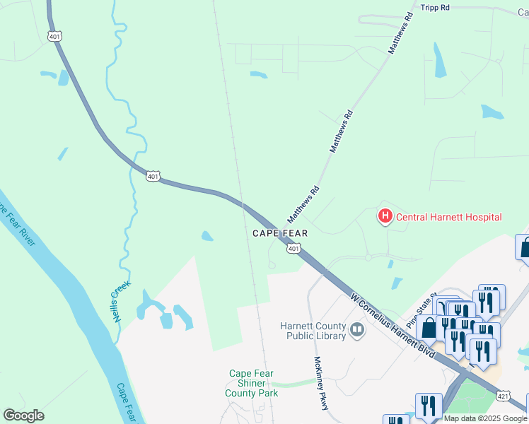 map of restaurants, bars, coffee shops, grocery stores, and more near 2394 U.S. 401 in Lillington