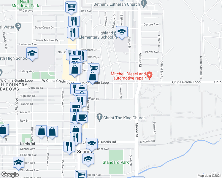 map of restaurants, bars, coffee shops, grocery stores, and more near 2112 Watson Street in Bakersfield