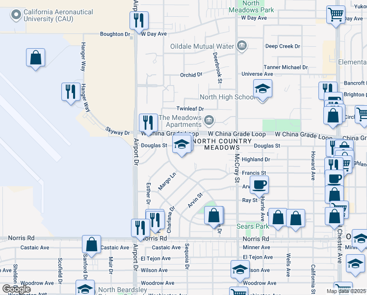 map of restaurants, bars, coffee shops, grocery stores, and more near 701 Douglas Street in Bakersfield