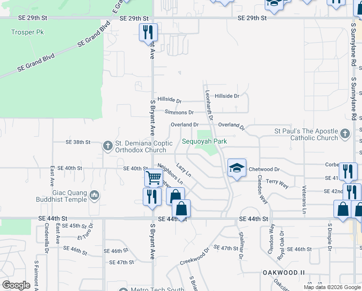 map of restaurants, bars, coffee shops, grocery stores, and more near 3032 Lazy Lane in Del City