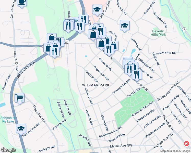 map of restaurants, bars, coffee shops, grocery stores, and more near 685 Forest Street Northwest in Concord