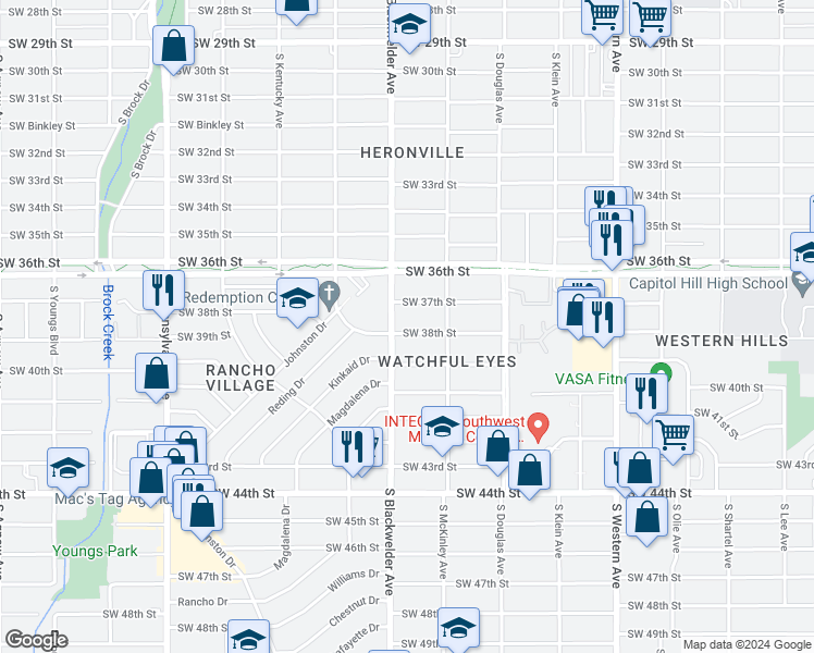 map of restaurants, bars, coffee shops, grocery stores, and more near 1229 Southwest 38th Street in Oklahoma City