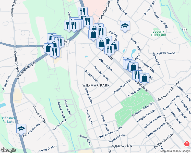 map of restaurants, bars, coffee shops, grocery stores, and more near 685 Forest Street Northwest in Concord