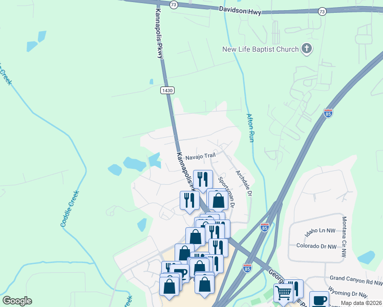 map of restaurants, bars, coffee shops, grocery stores, and more near 5941 Navajo Trail in Concord