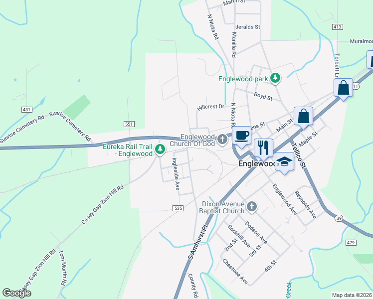map of restaurants, bars, coffee shops, grocery stores, and more near 21 Sunset Avenue in Englewood