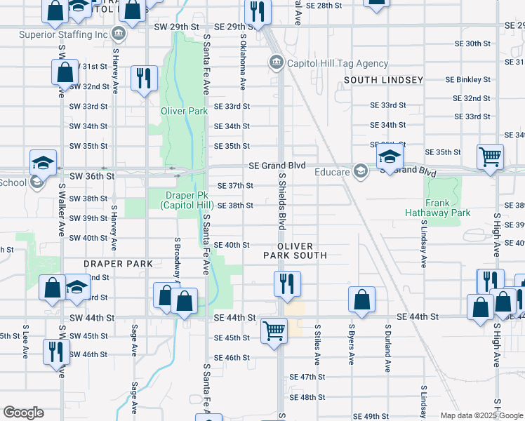 map of restaurants, bars, coffee shops, grocery stores, and more near 129 Southeast 39th Street in Oklahoma City