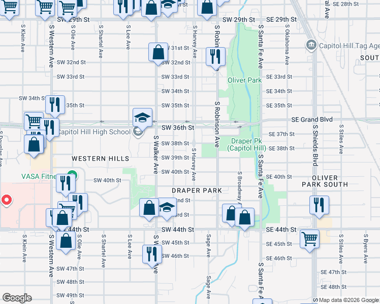 map of restaurants, bars, coffee shops, grocery stores, and more near 4000 South Harvey Ave. in Oklahoma City