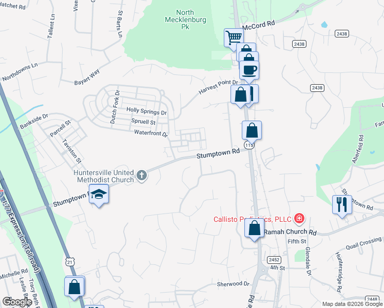 map of restaurants, bars, coffee shops, grocery stores, and more near 112 Steuben Drive in Huntersville