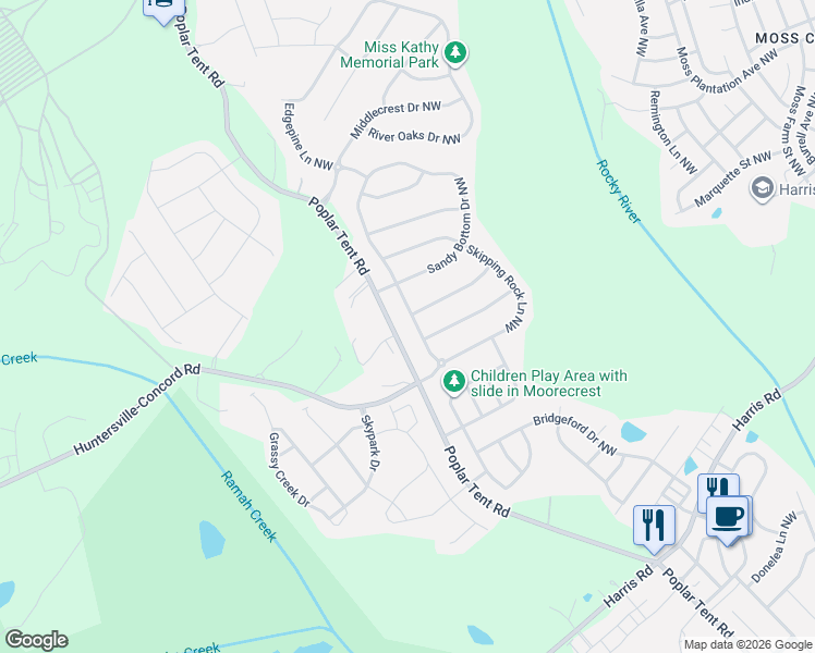 map of restaurants, bars, coffee shops, grocery stores, and more near 10624 Poplar Tent Road in Huntersville