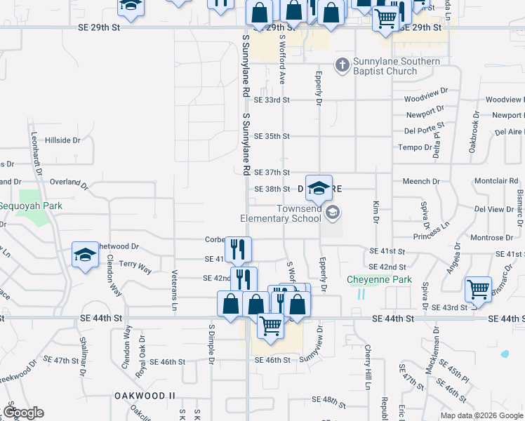map of restaurants, bars, coffee shops, grocery stores, and more near 4320 Southeast 40th Street in Del City