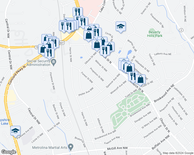 map of restaurants, bars, coffee shops, grocery stores, and more near 675 Propston Street Northwest in Concord