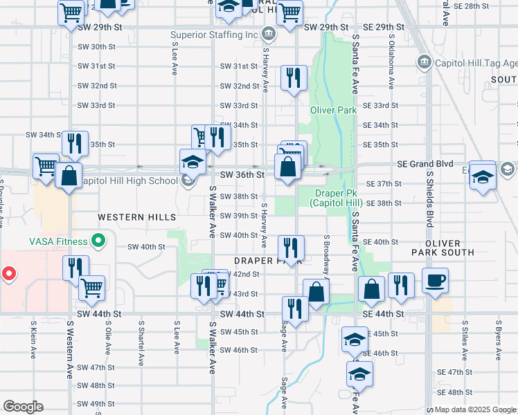 map of restaurants, bars, coffee shops, grocery stores, and more near 4000 South Harvey Ave. in Oklahoma City