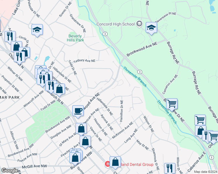 map of restaurants, bars, coffee shops, grocery stores, and more near 159 Brookwood Avenue Northeast in Concord